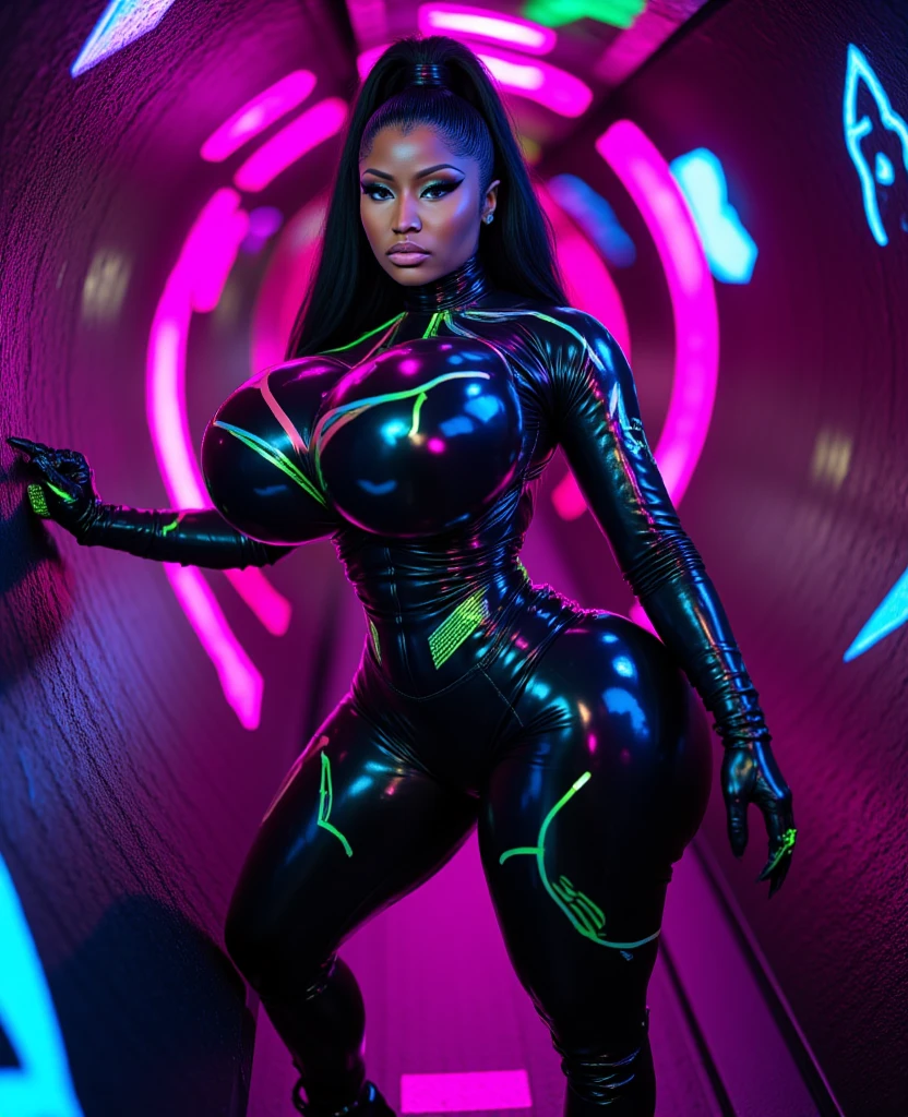 (32K, Best quality, Masterpiece: 1, 2), (Realistic, photograph realistic: 1,37), Top quality, Masterpiece, curvy black woman RogueXMXL, green eyes, lipstick, brown hair, two-tone hair, long hair, messy hair, headband, big breasts, cropped jacket, brown jacket, yellow bodysuit, long bodysuit, yellow gloves, belt, yellow boots upper body photo (Photo realistic),A cyberpunk curvy black woman with green eyes and shiny blue hair stands against a backdrop of a futuristic cityscape. She wears a sleek, metallic blue bodysuit that shimmers under the neon lights. The city behind her is a blend of towering skyscrapers and neon signs, pulsating with vibrant colors