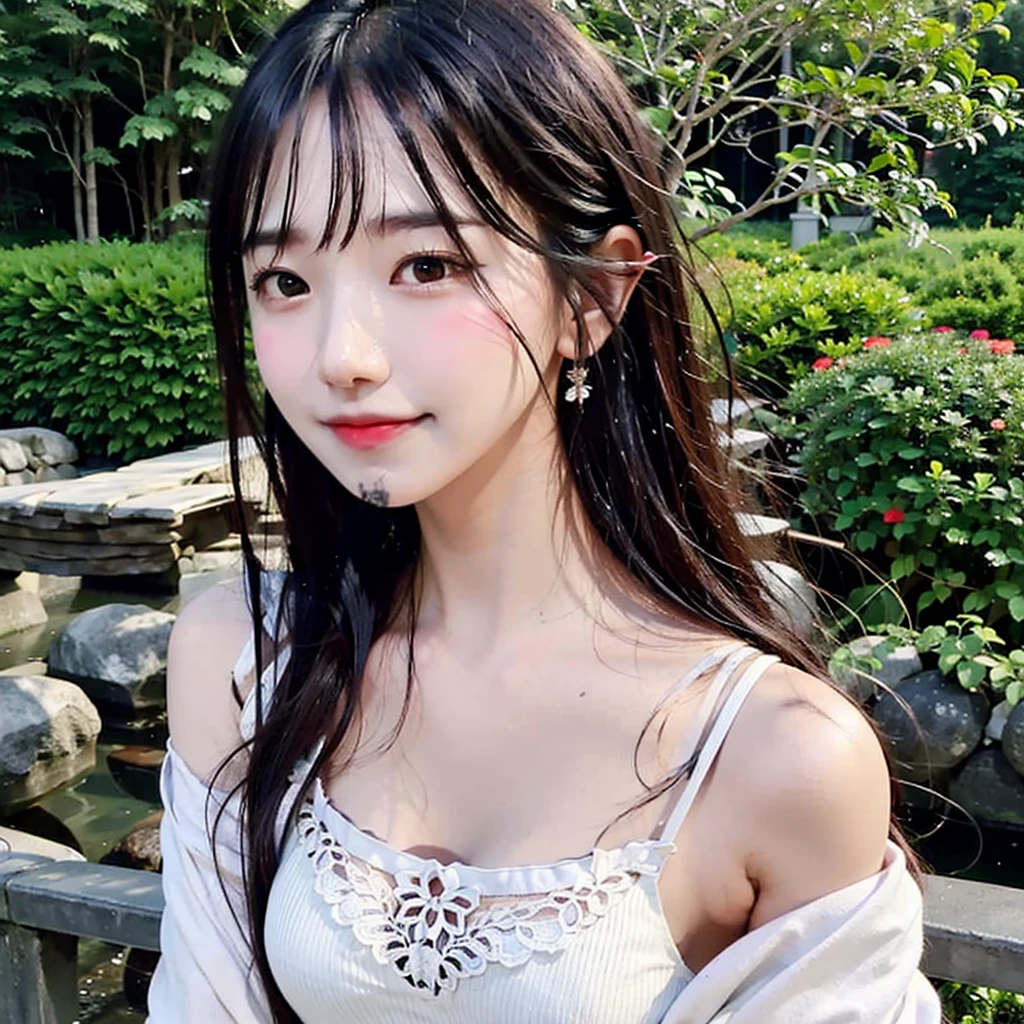 best quality, ultra high resolution, (realistically:1.4), Cute tiara,Baoyu Girl, A pair of clear and charming peach blossom eyes,Royal sister,The sun shines on the face,Long curly hair,(In the forest:1.4),(necklace:1.2),(White skin:1.4),(Full body female love:1.2)a sense of atmosphere,a beautiful girl, Smile,Looking directly at the viewer, Close-up cleavage ,(lifelike:1.4),1 girl,Sexy,(Upper body:1.4),(wet),(:1.2)