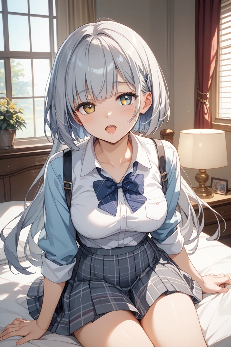 (8K, Best Quality, Masterpiece:1.3)), Ultra High Resolution, (One Girl, One Person), (Color Changing Eyes, Super Detailed, Expressive Sparkle, Sparkling, Glowing Eyes), Highly Detailed Eyes, Highly Detailed Face, Random Hair, (Silver Gray Color), "A woman lying on her back wearing a blazer with a low neckline." The background is the school nurse's office, lined with beds and curtains. It is after school, and the soft light from the window warmly illuminates the entire nurse's office. The woman is lying on her back, her silver hair spread across the pillow.
She is wearing a black blazer with a low neckline. The V-shaped cut of the blazer accentuates her chest, and a cute light blue bra is visible underneath. The bra is decorated with lace and ribbons. The skirt of her uniform is slightly lifted, and the skirt above her knees hangs over the edge of the bed.
She is wearing a peaceful smile with a slight blush. Her figure blends in with the tranquil atmosphere of the nurse's office, and the lighting in the background adds a soft glow to the whole image.