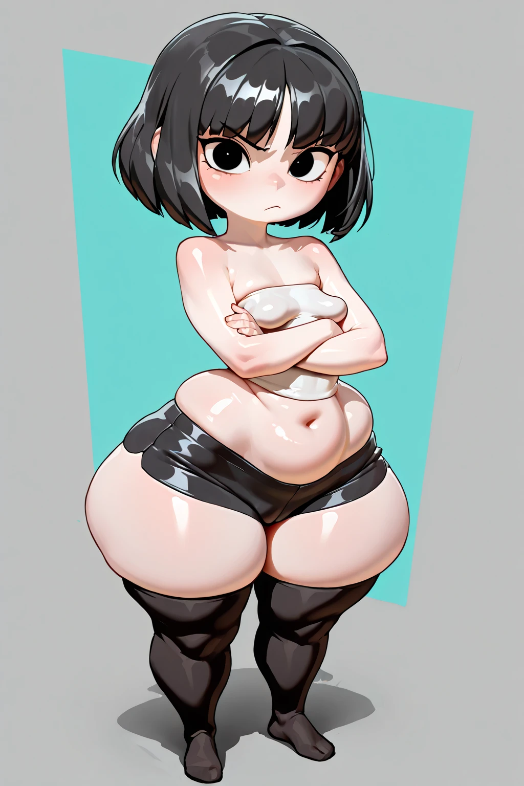 Fat face line, Makoto Niijima (Persona) Niijima Makoto (Persona), dark full bodysuit, laces, shoulder spikes
masterpiece, best quality, absurdres, ((Cylindrical body type)), Non-exposing bodysuit
((mature face)), ((big ass)), makoto niijima has become a mature woman, ((chubby upper body but small breasts)), 1girl, solo, ((height 150cm)), thick thighs, Bow legs, Beautiful face but chubby face, (((Chubby makoto niijima))), ((Stand up straight)), ((Full body)), (low head 1.5), A little chubby body type and small breasts, masterpiece, ((small breasts)), (thick legs), Full body+, Solo, Swollen face, 1 woman, thick thighs, solo, masterpiece, best quality, A chubby figure that seems real, smile, Middle-aged obesity, little fat body, (thick lips)
