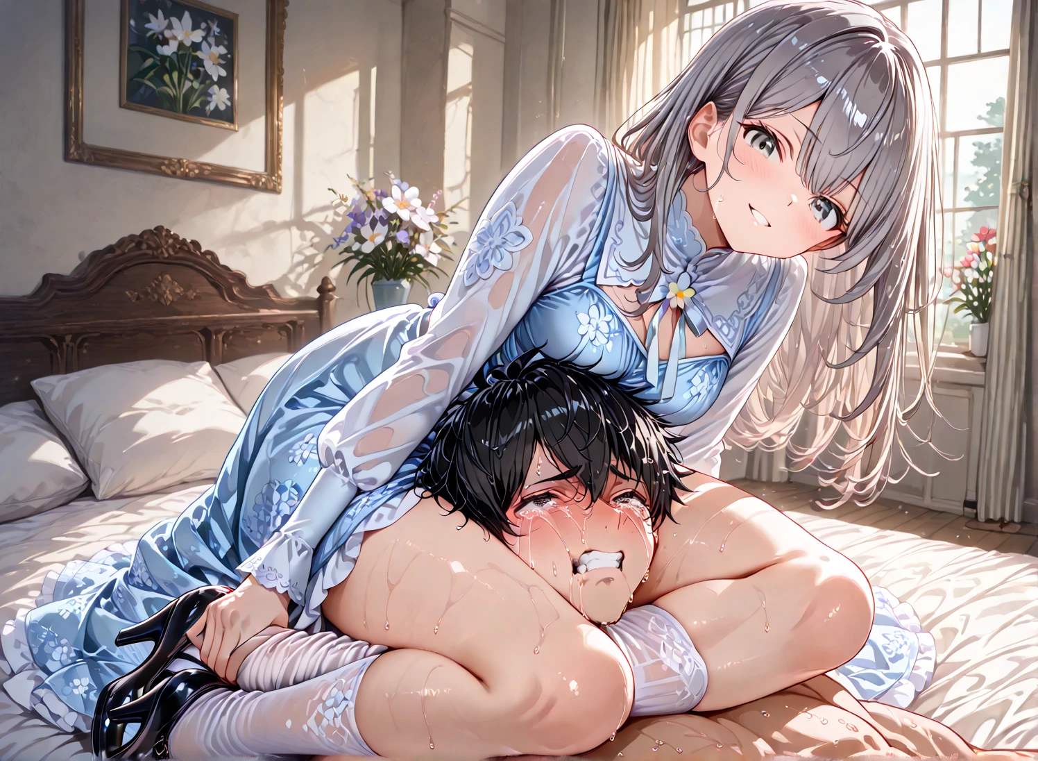 sensual、long black hair、thick thighs、8k、4k、highest quality、(High resolution:1.6)、cute anime face、noise reduction、((shining blue eyes、Sweat、blush、open your mouth))、(NSFW:1.5)、(vaginal sex:1.7)、(doggy style sex:1.5)、(((SFW huge body:1.4)))、(one man:1.3)、(one boy and one girl having sex:1.5)、(logic:1.3)、high leg cut、long tights、Japanese style maid