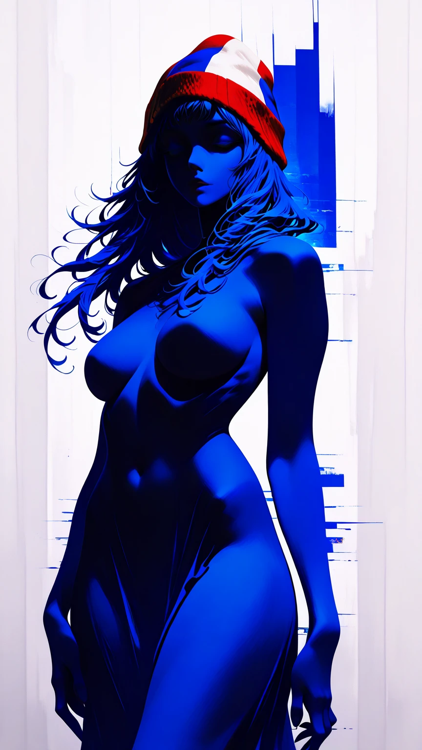 An illustrated movie poster, hand-drawn, full color, a young drow woman, drow elf, wearing a silk chemise, blue skin, blue complexion, pointy elf ears, ruby eyes, dark hair, shaggy bob, posing like a model, hard shadows, graphite shading, stencil marks, airbrushed acrylic paint, masterpiece, in the style of Rockstar Games
