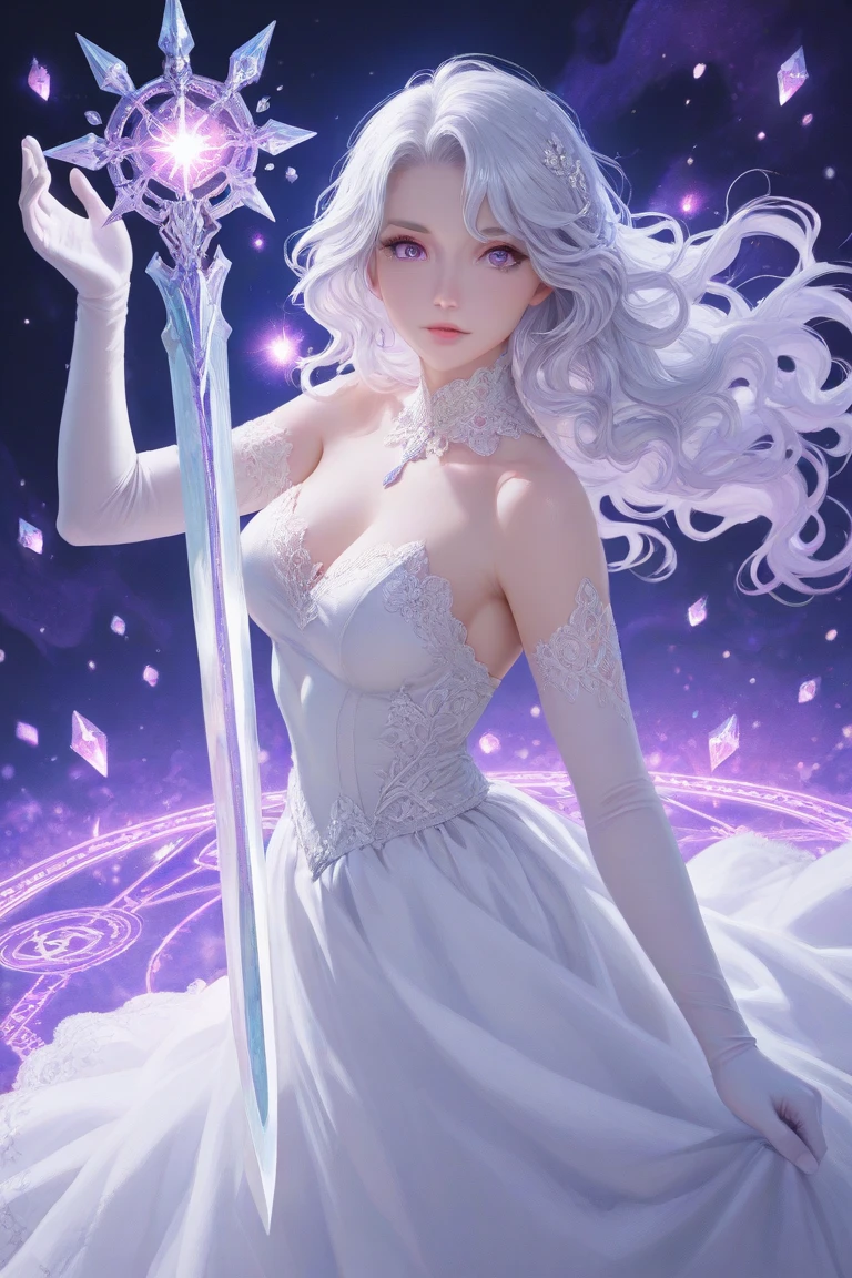 (Anime adulte woman), priestress, priestress white dress, light aura, church background, cleavage, has magician staff with light white crystal, hand with five fingers, light halo, casting light spell pose