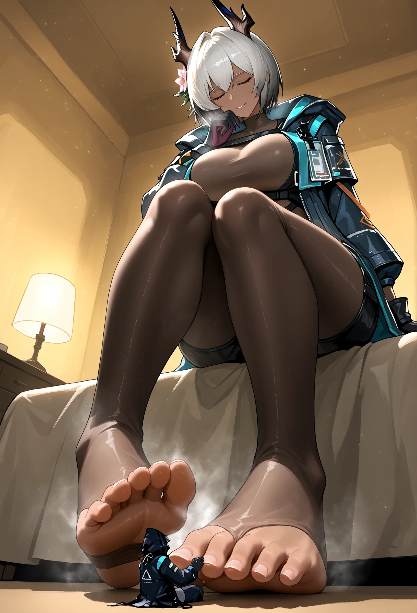 1 Girl,Kagura Mia ,white hair,Heterochromia,Half closed eyes,(Giddenmei 1.5),short sleeve dress,Shawl coat,military uniform,Puff sleeves,Cloth bag,Gloves,White pantyhose,double braid hair,2legs,nuclear_9, snuclear_8_up, snuclear_7_up, snuclear_6_up, snuclear_5_up, snuclear_4_up, smoke, Foot focus, foot, foot perfect foot, perfect foot, best foot, stinky foot, Sexy pose looking at the audience, Solitary, foot操, permanent, View, foot, From below, Foot focus,trampling,Step on the screen