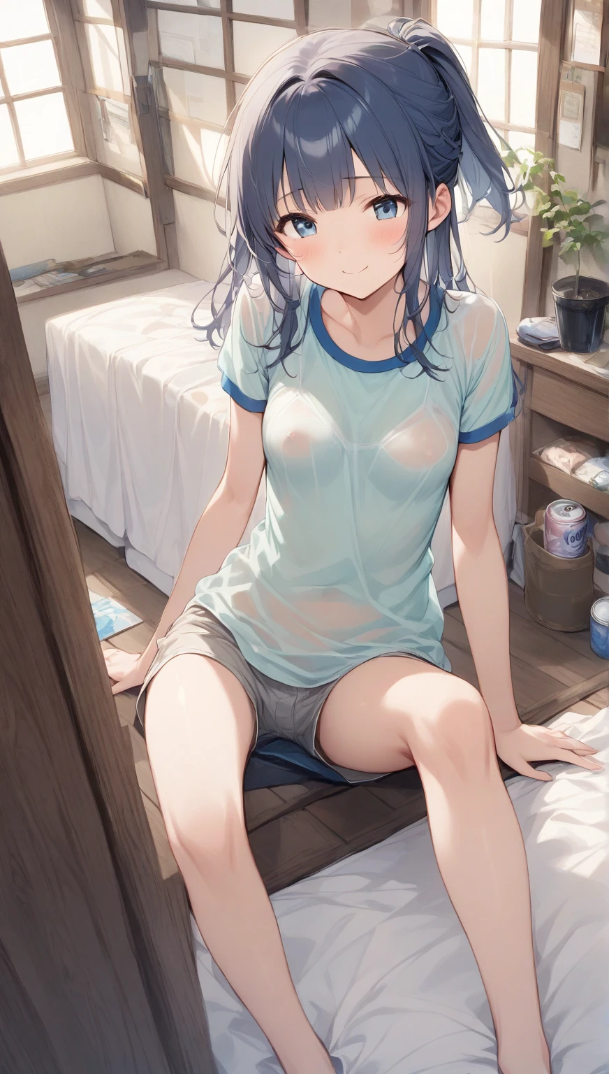 Centaur、whole body、T-Shirts、Flat Chest、belly button、Delicate face、Ultra HD、Masterpiece、Sitting on the floor