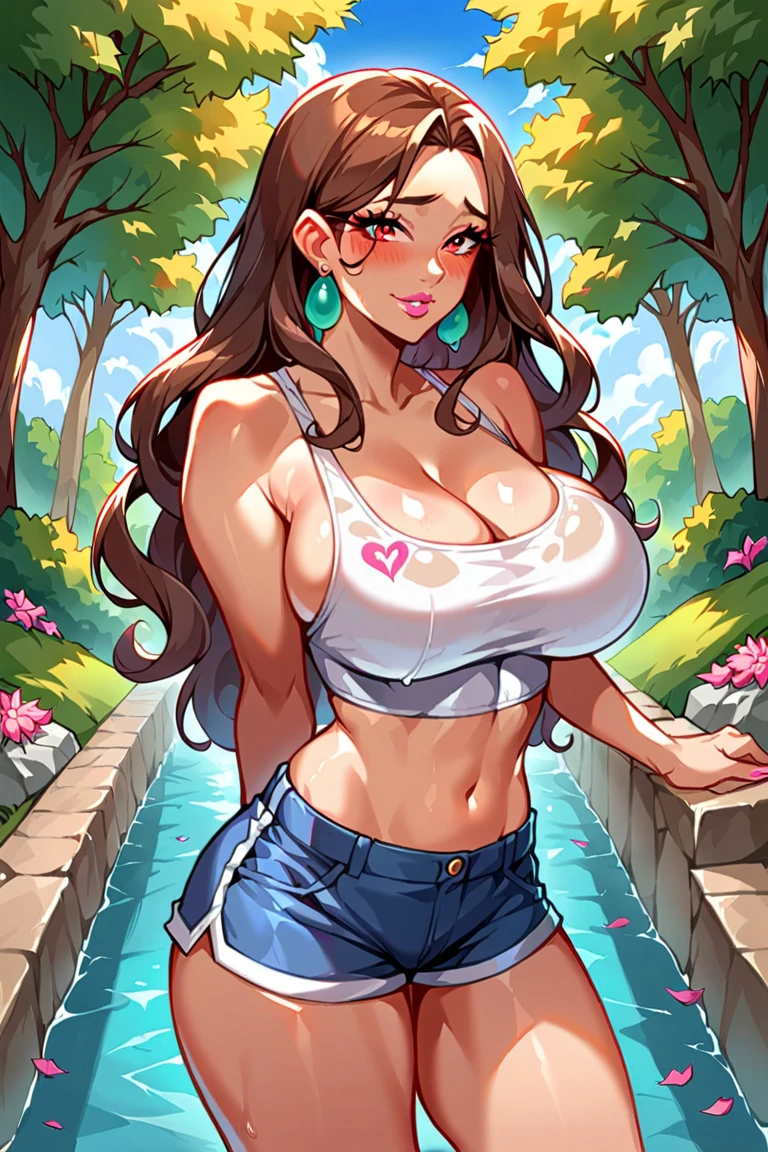 ((Best Quality, 8K, Masterpiece: 1.3)), ((1girl:1.5)), Slim Abs, Beauty: 1.3, Casual Hairstyle, long brown hair, Super Fine Face, Delicate Eyes, Double Eyelids, Smile (teeth showing), Dancing, wet white micro-bikini, dark blue eyes, detailed eyes, pink flowers, ocean, vast boobs, enormous breasts, gigantic boobs, humongous breasts, massive breasts, cleavage, gigantic butt, huge waist, blush, massive thighs, five finger hands, fixed hands, brown hair, tropical, pink flower in hair, colorful eyes, very wet, very curvy, focus on huge massive breast size, wet, sweat, facing the viewer