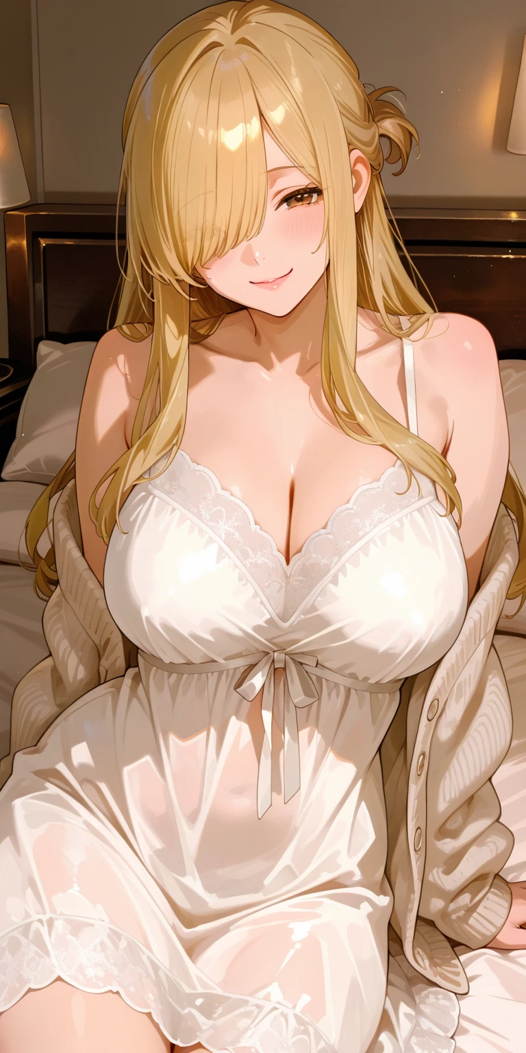 BREAK looking at viewer, BREAK (masterpiece:1.2), best quality, high resolution, unity 8k wallpaper, (illustration:0.8), (beautiful detailed eyes:1.6), extremely detailed face, perfect lighting, extremely detailed CG, (perfect hands, perfect anatomy),mansion,bedroom,windows,soft light,late night,rangiku matsumoto, long hair, (grey eyes:1.5), orange hair, mole, mole under mouth,cleavage, jewelry,necklace,bathrobe,sexy lingerie,lie on back,nipples see through,showing bra,touching bra,upper body,horny face,
