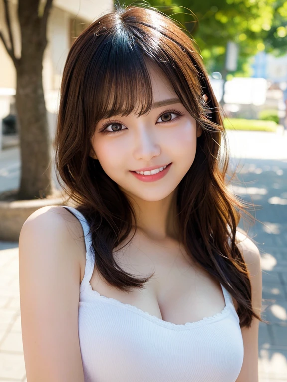 masutepiece, Best Quality, Illustration, Ultra-detailed, finely detail, hight resolution, 8K Wallpaper, Perfect dynamic composition, Beautiful detailed eyes, Women's Fashion Summer,Medium Hair,Small breasts natural color lip, Bold sexy poses,Smile,Harajuku、20 years girl、Cute、Sexy shot looking at camera