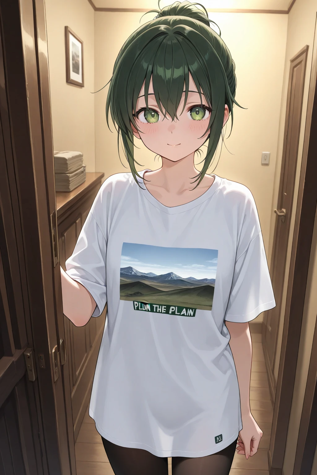 (masterpiece), ((sfw)), best quality, expressive eyes, perfect face, mature male, (1boy, adult Man), young adult, young man, solo, Green hair BREAK ahoge, blue eyes BREAK t-shirt, white shorts, green valley, mountains, blue sky, open mouth, looking at viewer 