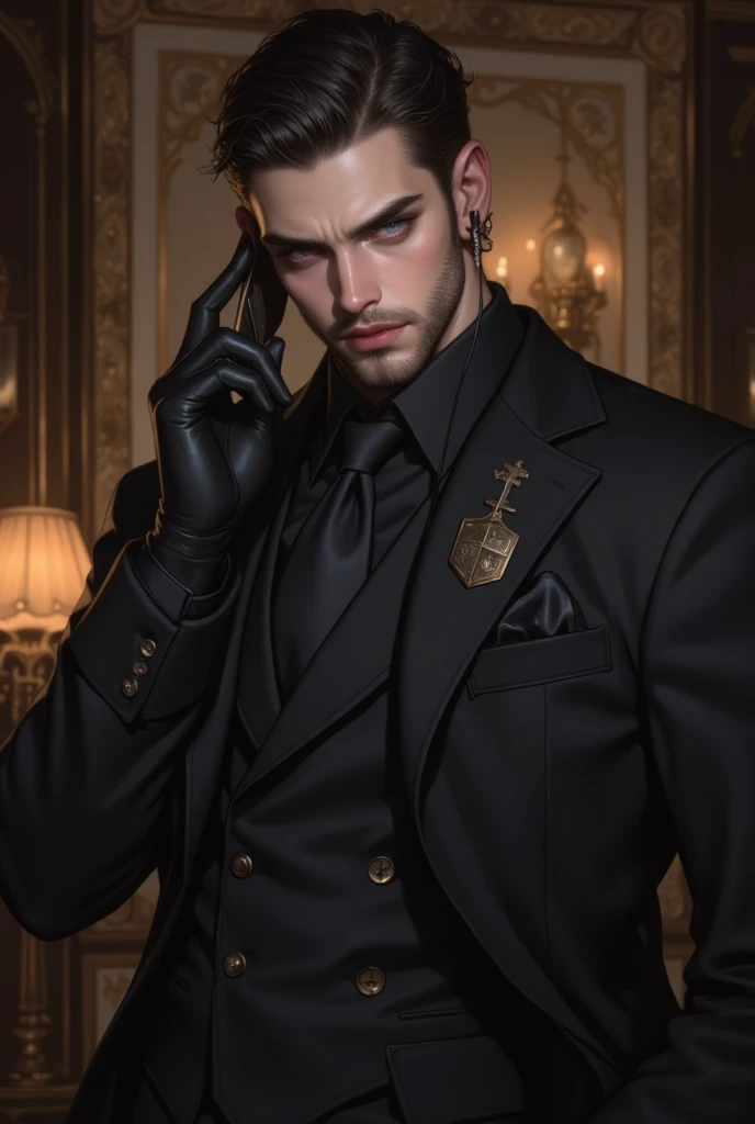  tall muscular man ,  pronounced jaw , short dark scrambled hair, sunken gray eyes, intense look, man in a tight black suit, muscular build, very short dark hair, light beard, Piercing Eyes, black leather gloves, Standing with confidence, holding an earpiece, bodyguard posture, luxury hotel background, dramatic lighting, mysterious and dangerous aura, Realistic shadows
