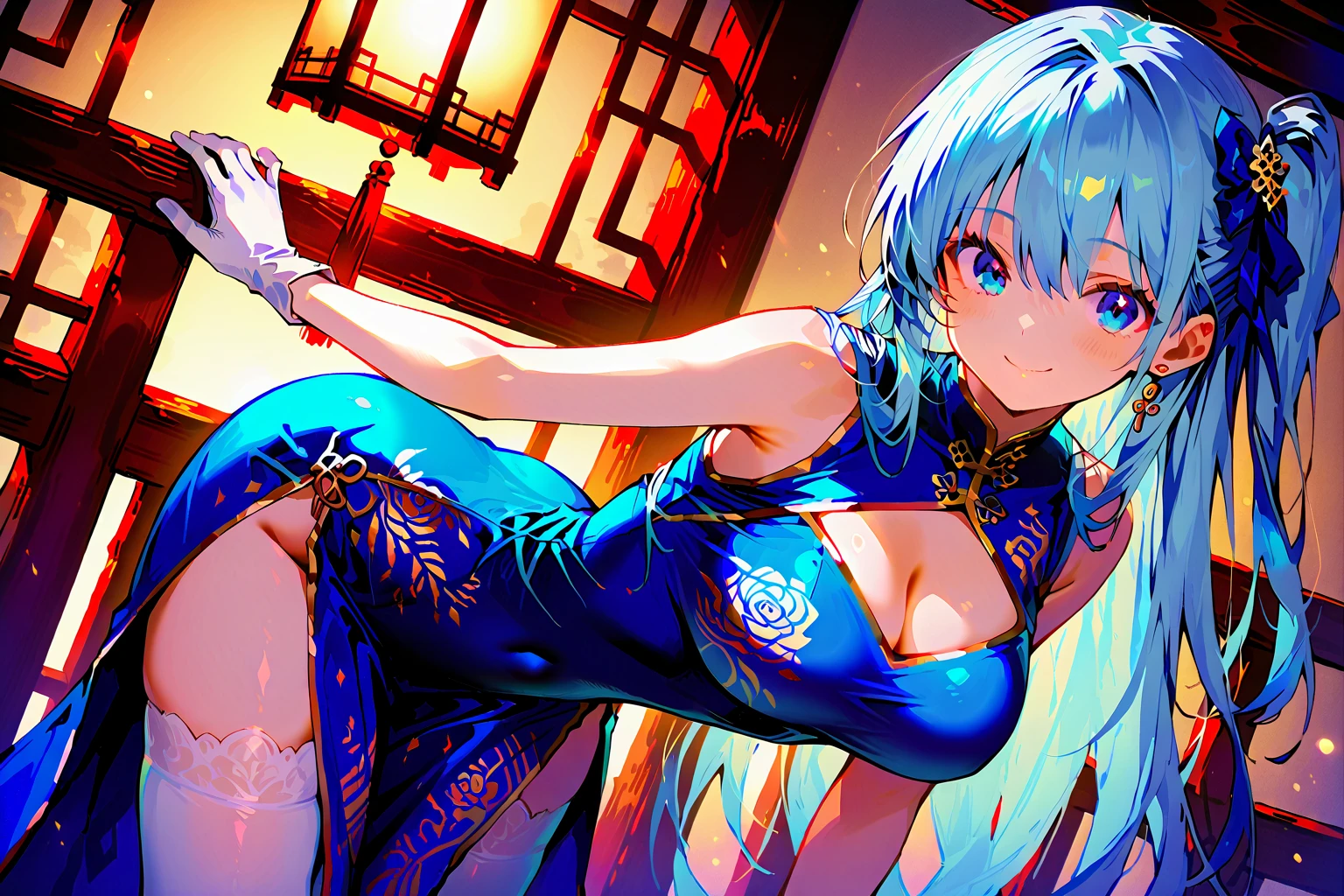 (masterpiece), ((Highly detailed 8k illustration)), High resolution, (Highly detailed and beautiful background), Ultra-precision coating, professional illustration, Super precise depiction, Hyper-detailed depiction, (beautiful and aesthetic:1.2), HDR, (written boundary depth:1.4), colorful, wonderful, Beautiful detailed glow light particles, Complex:1.4, zentangle, Cat ear,
(girl), ((Againm,Again:zero,blue hair,short hair)),(Highly detailed beautiful face and eyes), white skin, perfect body, thighs, big breasts, big areola, cleavage,blue eyes, pink hair, oily skin, cute, bare shoulders, China dress, China dress服, short dress, cleavageカットアウト, side boob, thighs, smile, character focus, cowboy shot,