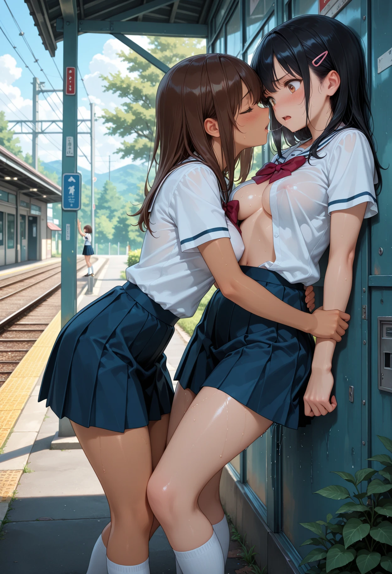 (((sex from behind))),((beautiful eyes with fine detail)), realistic skin, (intricate details), best lighting, depth field, ((ultra high resolution, high res)), {highres}, {{very fine 8KCG wallpapers}}, {{very precise detailed}}, ((((masterpiece)))), nsfw, ((Vaginal sex)), 1girl,teenager, tifa, Blushing, smile, ((japanese uniform)),((nippls)), (big breast:1.8), ((navy blue pleated miniskirt)), (tie), black knee-high socks, in the train, 1boy, erect penis