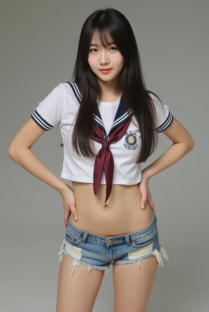 raw photo, dynamic pose, messy hair, 1girl, pale skin, delicate face, intricate details, (sailor uniform, shorts), huge breasts, (small waist, (wide thigh gap):1.2), ((huge legs):1.2), white background, masterpiece