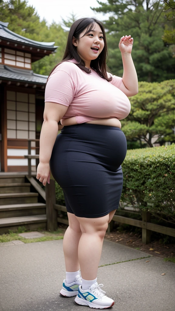 realistic depiction、super obeseのchinese woman、super obese、super big breasts、Weight 350kg、very fat woman、super big belly、chinese woman、laughter、Tight Skirt、outdoor、a bit、little woman、His height is only 145cm、short legs