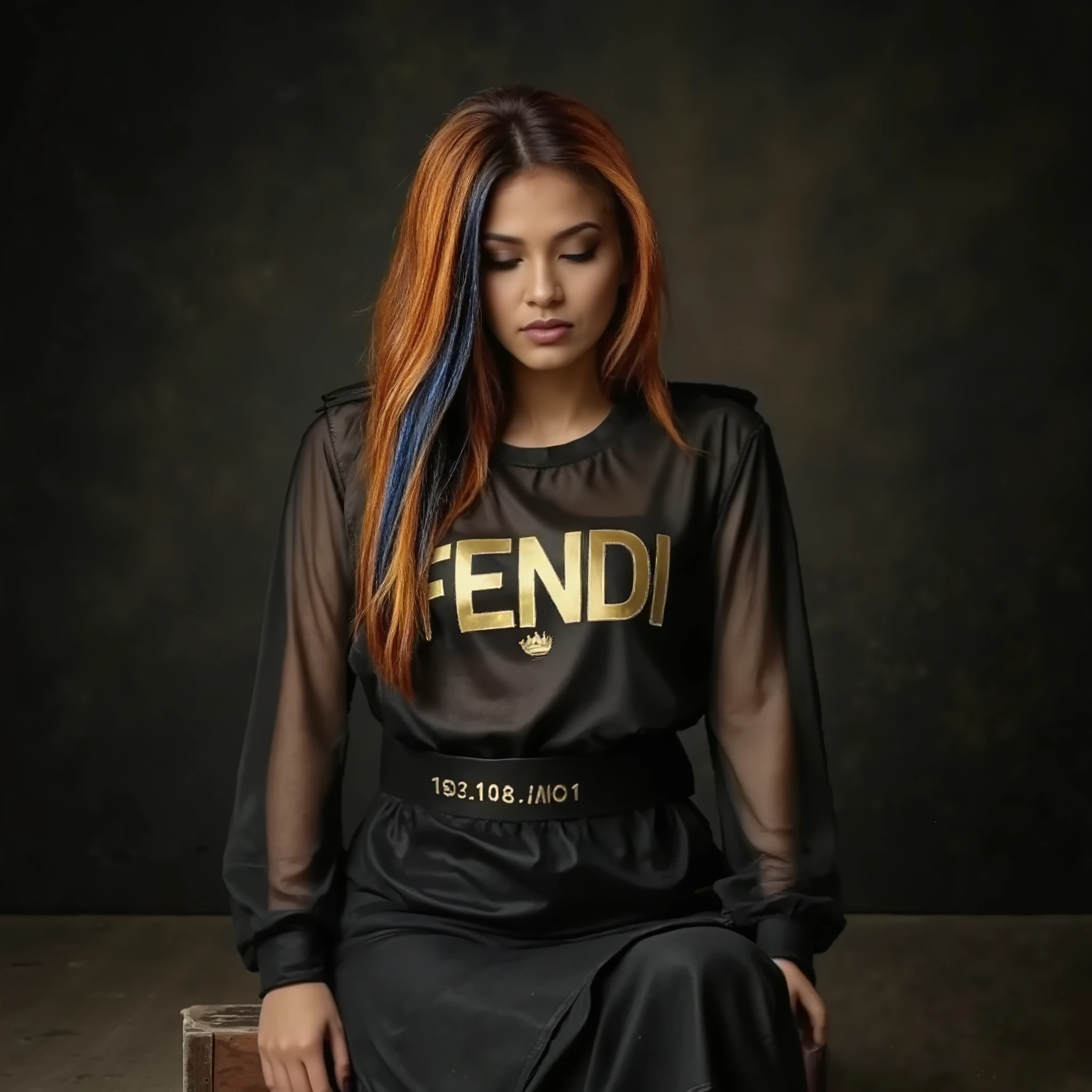 Sura is sitting on a vintage mahogany box, in a dimly-lit photostudio. Model is wearing a black outfit, consisting of a skirt and a top. The skirt is a heavy midi-length garment, featuring an asymmetrical lower hemline. There is a small patch at the hip, which is embroidered with a small gold wordmark "192.168.NO.1". The opaque top is a made of a fine mesh, also black. The long-sleeved top is worn over a black bra. The top has prominent oversized golden lettering. The lettering reads FENDI in a sharp and bold, sans-serif font. The outfit has zipped seams. Model is sitting on her hands - a submissive cute pose with her hands under her legs. She is looking/facing downwards (head lowered) so her face is obscured by her long ginger hair. Her hair has chunky streaks of blue and silver. Eyes closed, serene expression. Dark eyeshadow, plum lipstick.Model is a latina, with tanned skin. The grunge backdrop is rough industrial breezeblocks. Overall this editorial fashion photo is highlighting and contrasting the gold lettering on the top with the gloomy surroundings and the model's own low key pose