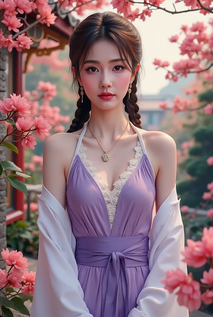 realistic, woman, black ponytail hair, purple eyes, sleeveless kimono, cleavage, big tits, perfect body, standing, sexy, fair skin, best quality, masterpiece