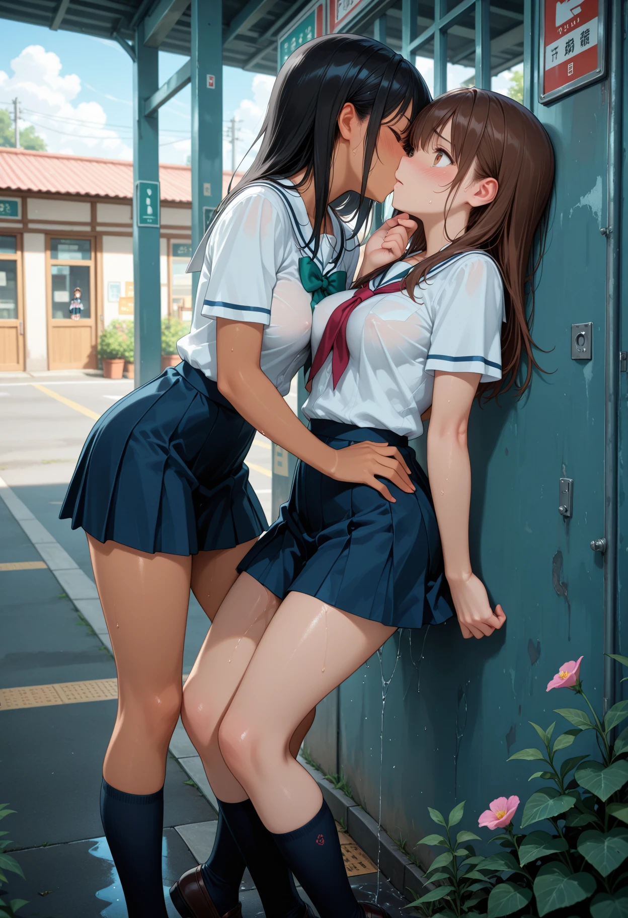 NSFW, (((masterpiece, best quality, Photorealistic))), (shiny skin), (UHD, 8k wallpaper, high resolution), Perfect anatomy, cinematic lighting, Physical rendering, award-winning, extremely detailed skin, Very detailed face, Eyes with beautiful details, Carl Zeiss 85 mm F/1.4, (1 man and 1 girl, couple:1.5), Cute 16-year-old Japanese schoolgirl, sitting on a chair with a girl, (black hair, bob haircut, brown eyes, round face), medium breasts,, Wet school blouse with ribbon, dark blue pleated skirt lift, Dark blue high socks, (nose blush, naughty, half-open Eyes, Drooling), Spread Legs, Hip Focus, In Class, Blue Hour, (Woman touches Girl's Panties:1.5), [Full-length shot], Shot from below,