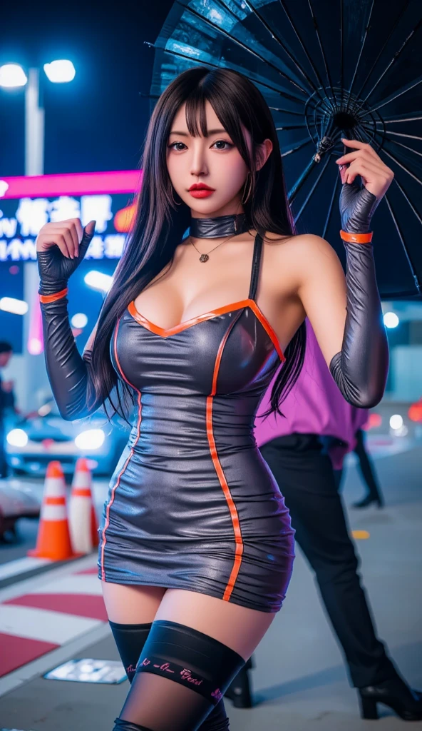 Misato Katsuragi, Evangelion, EVA 01, ropa intima, obra maestra, transparente, obra maestra, renderizar, NIKON, 1.8f, bokeeh, luces tenues, hermosa, purple hair, cabello morado, ojos hermosos, perfecta, cuerpo perfecto, belleza, ciudad, Tokio streets, noche, night, neon genesis, boina, short black dress, knecklace cross, sports car in the background, underwear, 4K, fotografia, cara perfecta, nariz perfecta, doble parpado, pezon erectil