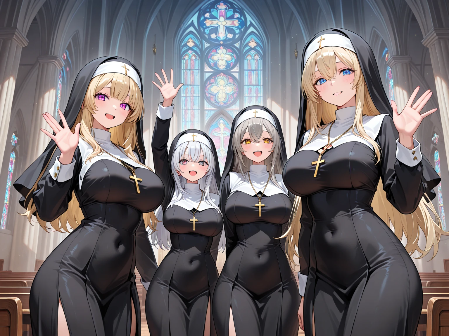 Blonde Nuns at church, Handcuffed, Shocked face, Are crying, My clothes were torn, Nipples, Nuns&#39;Habits, White hood, Tied to a chair, M-shaped legs, Spreading your legs with a machine, Hands and feet tied, Blindfold, Machine rape, Insert electric massager into pussy, Applying an electric massager to the vagina