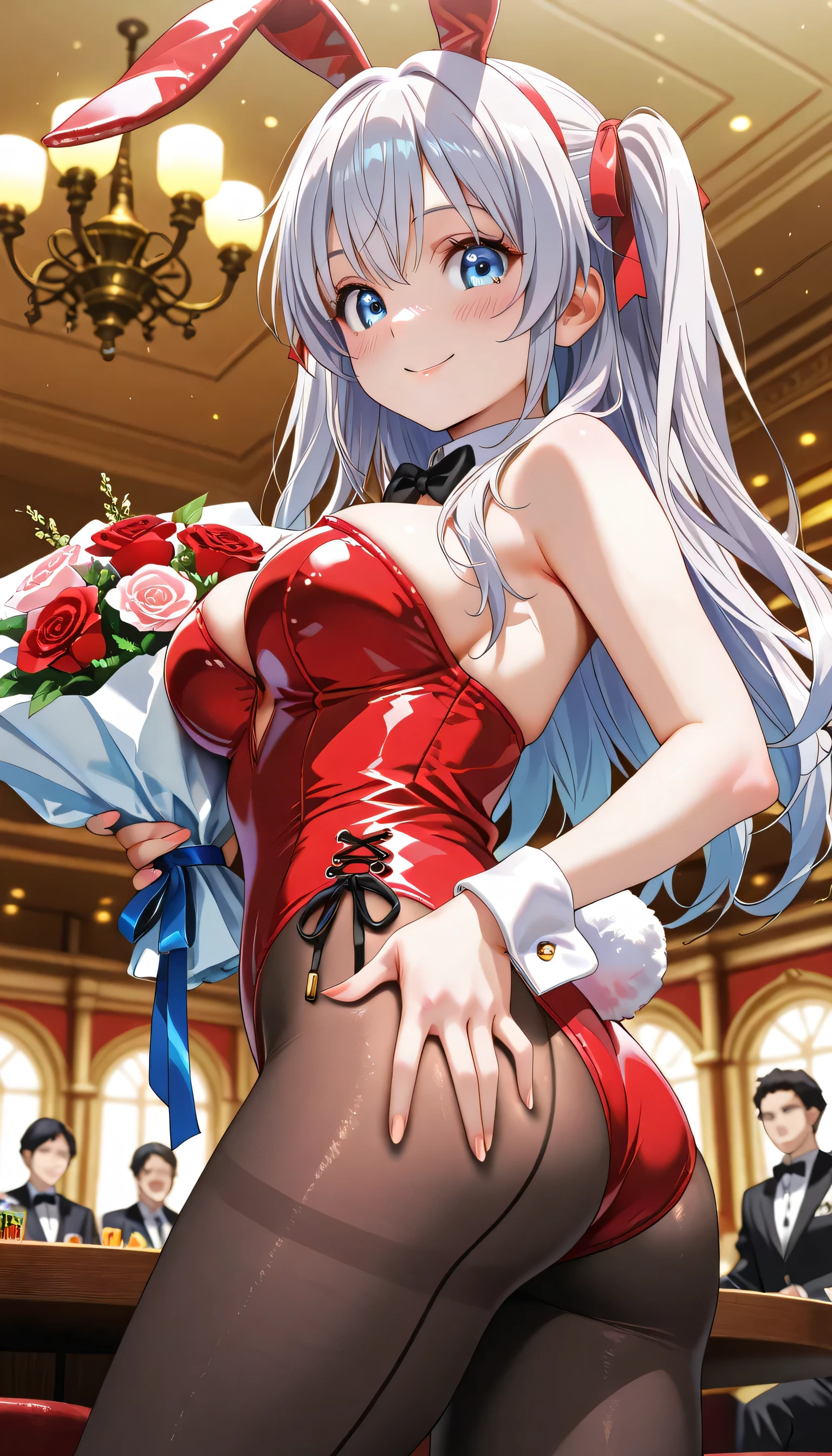 score_9, score_8_up, score_7_up, source_anime, masterpiece, absurdres, medium breasts, perfect face, 1girl, cute expression, amused, smiling, background: bedroom, alisa mikhailovna kujou,tokidoki bosotto roshia-go de dereru tonari no arya-san, long hair, blue eyes, hair between eyes, silver hair, hair ribbon, blue eyes, bare shoulders, white pantyhose, bowtie, rabbit ears, red leotard:1.3, wrist cuffs, strapless, detached collar, fake animal ears, playboy bunny, black bowtie