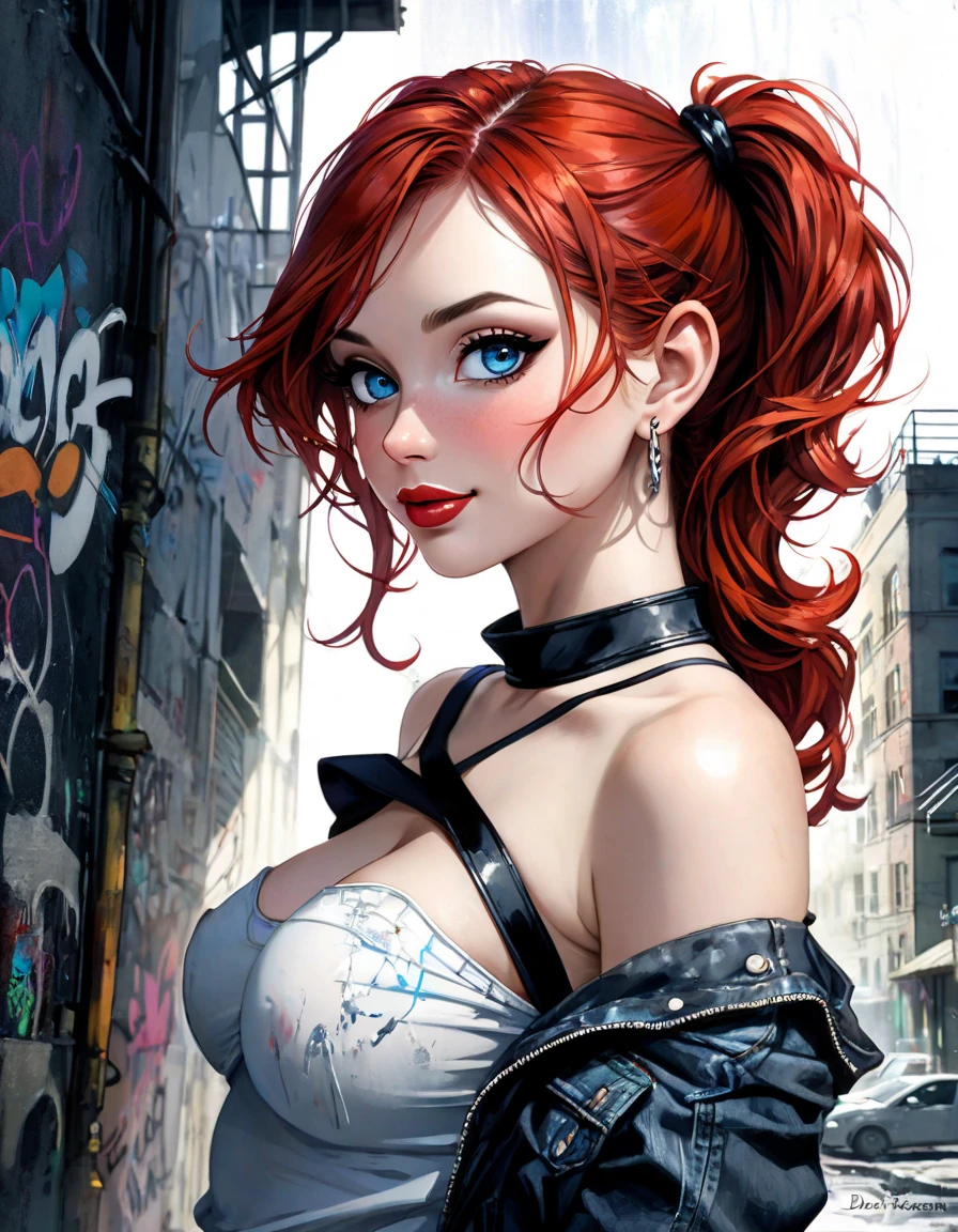 1 girl, 20 years old, hat tilted, red hair with braids, long hair, headband, thigh strap with O-ring (leaning forward: 1.2), leaning against the wall, (graffiti scenario: 1.2), split bangs, big breasts, ((black top:1.2)), (checkered skirt with belt:1.2)), abdomen, outdoors, friendly smile,(best quality, 4k, 8k, high resolution, masterpiece: 1.2), ultra-detailed, (realistic, photorealistic, photorealistic: 1.37), details intricate, vivid colors, sharp focus, professional, Dave McKean artwork, surrealism oil touch, oil painting style, portrait, woman, beautiful detailed eyes, beautiful detailed lips, dreamy atmosphere, shadow play, lighting soft, fun pose, dark tones, ethereal background, fantasy elements, texture, layered composition.

