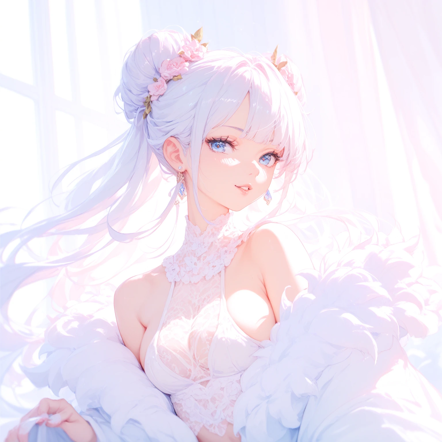 silber hair，butterflys，Long grey hair，Light pink wedding dresses，8k wallpaper，detailedbackground，Highest high resolution，Deep V Big，Hair covering one eye，Bandeau Wedding Dress，chies，white roses and pale pink roses，tight fitted，Stockings,(((perfect and cute hands)))