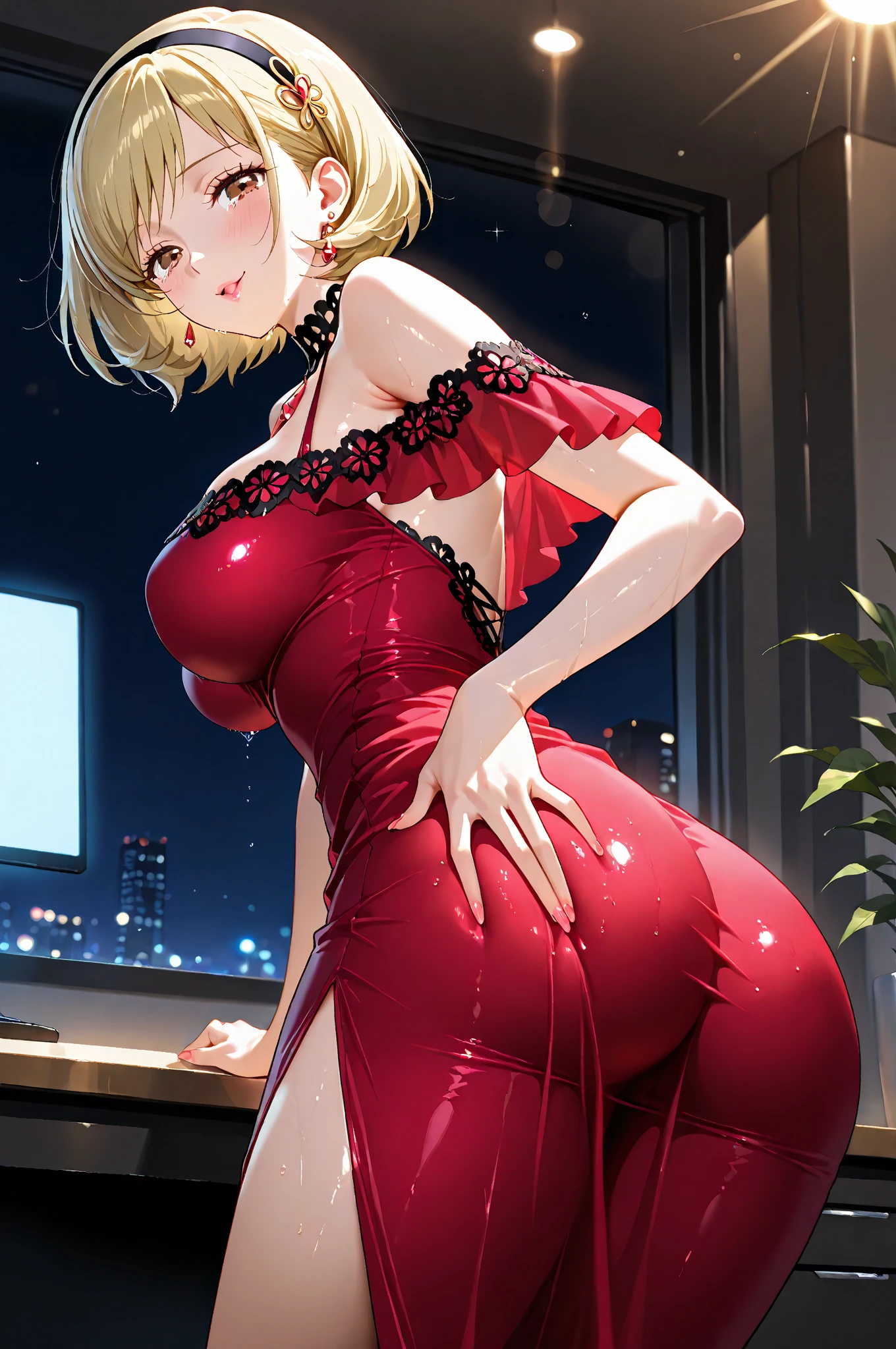 (masterpiece, best quality), 1girl, blonde hair, red dress, pantyhose, cute face, blush, <lora:add_detail:1>