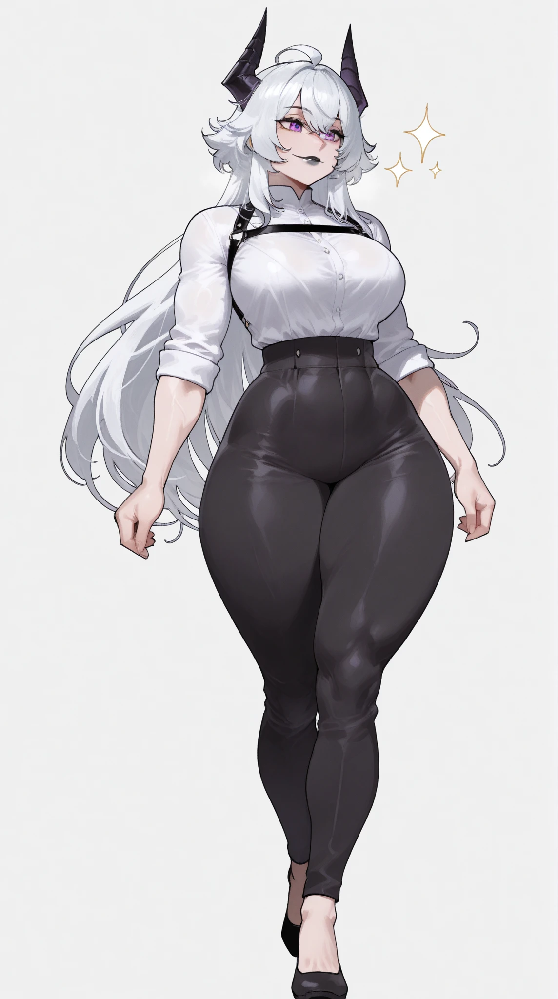 Beautiful girl with long white hair, Gray hair embellishment, And lovely features, Eyes partially covered by bangs, Large Breasts, Squint, Long bangs cover one eye, Wearing a white tight high collar shirt, Wear tight black office pants, Posing with a gentle smile (Hands behind back pose) White background,Visible in right eye,Full body standing