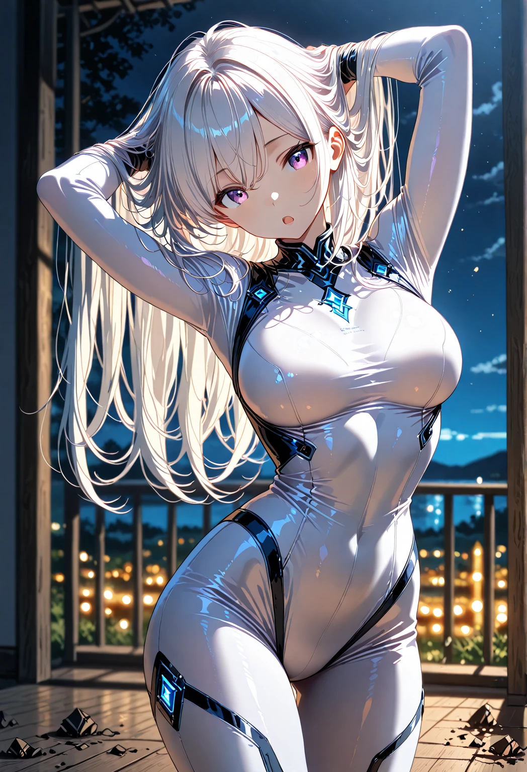 Curly Hair、focus on breasts.seductive pose、(Two arms:1.3)、(Hands behind head:1.6).(Downtown at night:1.5).(Composition from the front:2.4)、(Exposing the nipples:2.2).(Bunny earmuffs:1.8)、(Composition from the front:1.1).(Squat, Spread your legs:1.9)、(Cowboy Shot:1.8)、(Shiny fluorescent white blue glitter holographic gradient high leg sexy swimsuit:2.3).(Browsing Caution:1.8).(Glowing Skin:1.8).(Wet Skin:1.3).(Huge breasts:2).(Nipples are visible:1.9).Exposing the breasts:1.9).beautiful ,最high quality、Best image quality、masterpiece、((Top model at age 20、 By becoming、Best Bust、The tea that opened my heart、shining eye,((Heterochromia iridis, (右eye, red colored 右eye iris)(左eye, gray purple colored 左eye iris), eye; Red and gray purple)), (Fluorescent white holographic colored hair、), Smooth and shiny top model hairstyle with fluorescent white glitter, Straight silk bangs, Cut in a straight line hair and bangs, Blunt bangs+Cut in a straight line, long and smooth hair、thin,Highest valley、black 、Shiny fluorescent glitter short skirt、shoulder jewelry ,Diamond Earrings、Wristband、black gloves)),high quality、beautiful芸術、background((School Area))、Flight、flying debris、Written boundary depth、movie、Visual Arts、Perfect art、8k,Genuine、Dynamic Performance