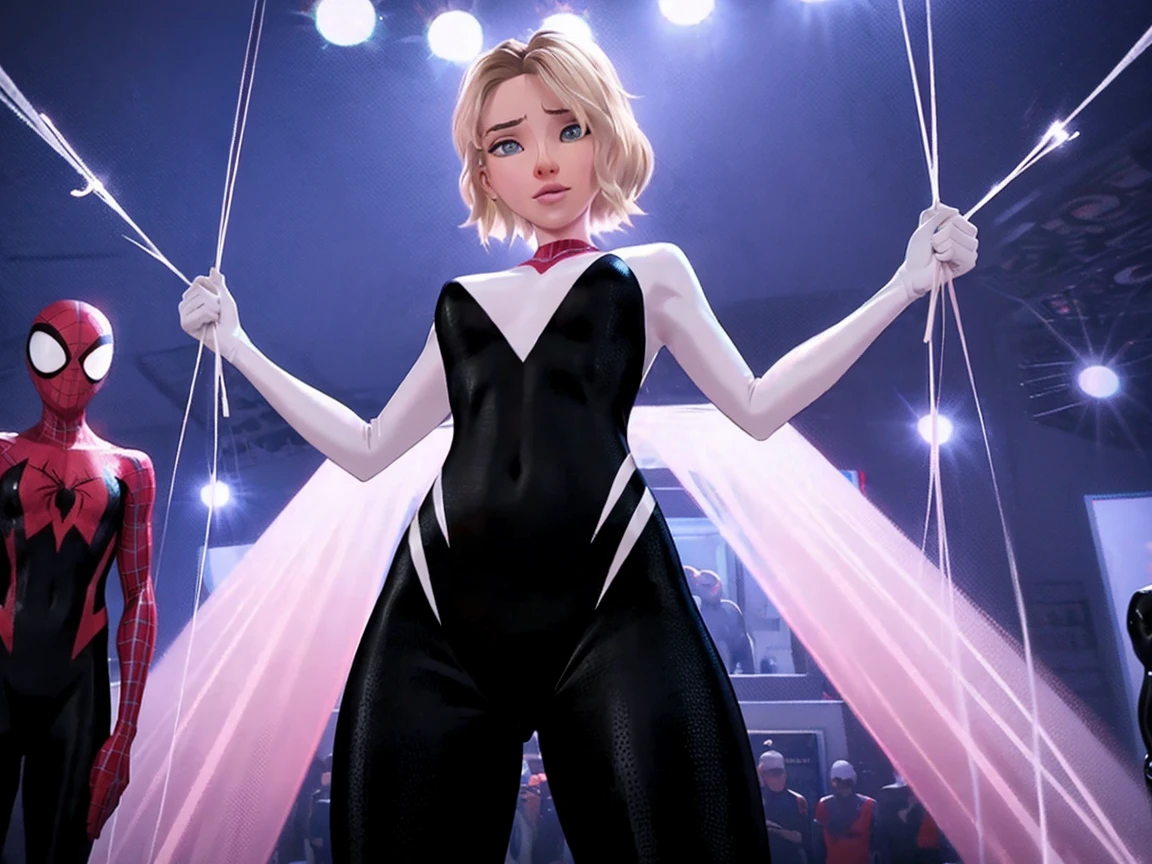 1girl, Sgwen is hanging her spiderwebs to suspend herself 30 feet above a busy city street, she is spreading her legs to show the crowd below her cameltoe, suspended in the air by webs, young, open legs, slut, nsfw, sexy, looking at crowd, audience
