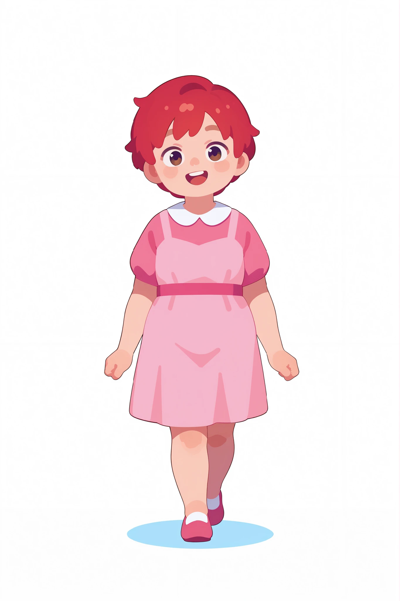flat cartoon, 1girl, anime, Young girl, chubby body, red-haired, short hair, using pink dress, happy expression, walking, side view, full body, white background