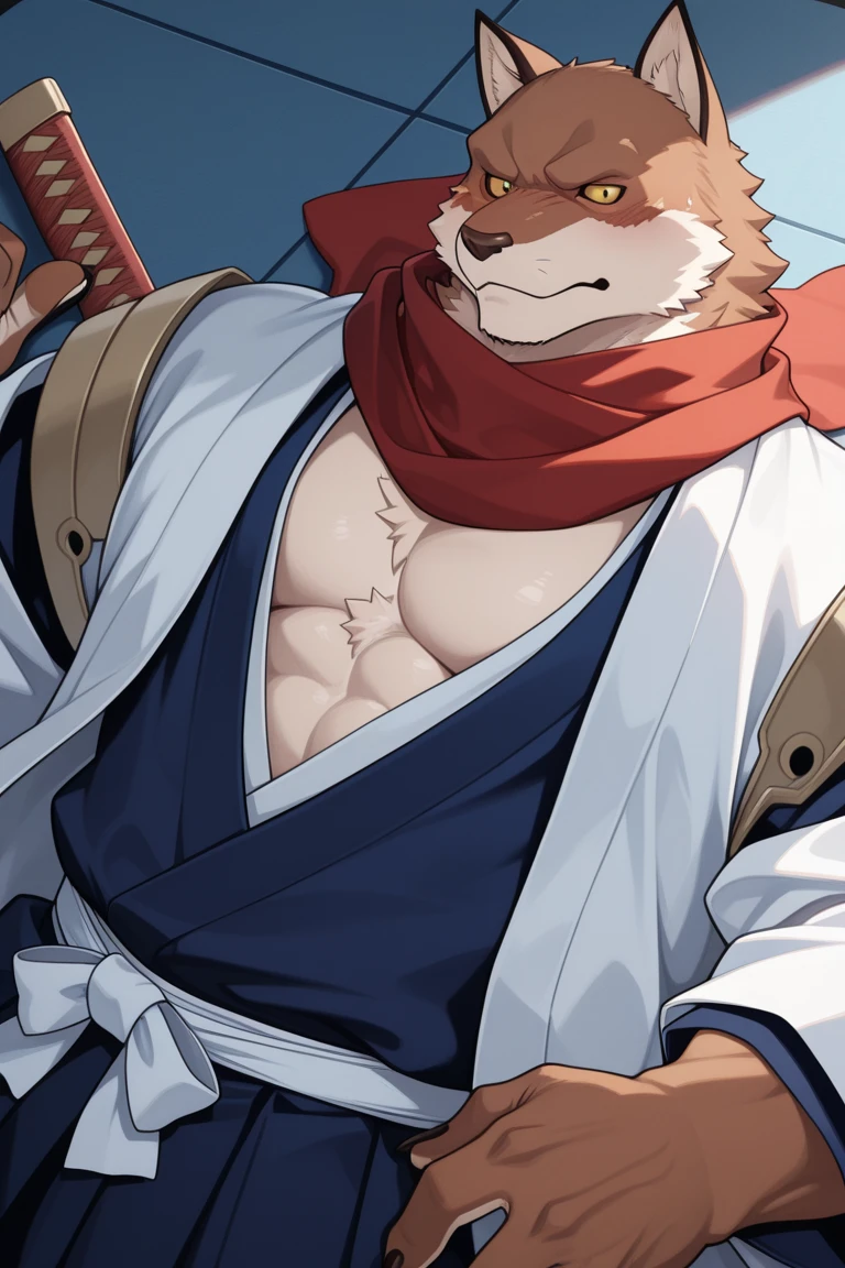 Wolf, By Haps 1boy, abs, animal ears, bara, bulge, full body, white background, Seminude, Kimono, side, Standing, feet, holding Katana,