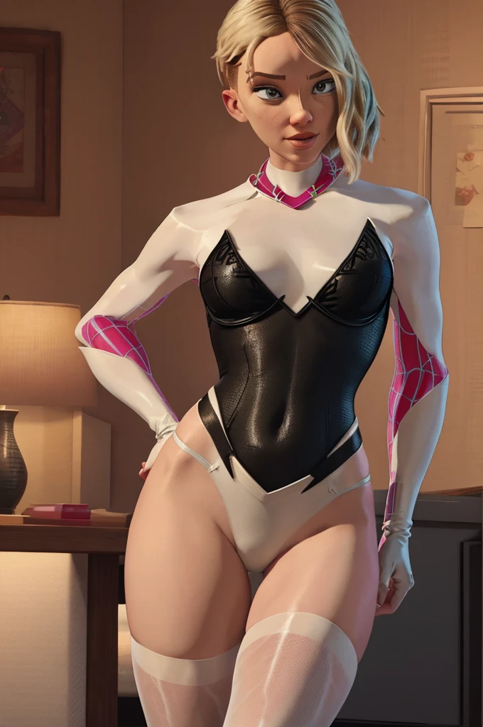 Gwen stacy being sexy undressing her spiderman uniform, removing clothes, showing breasts, butt, belly, penetrated pussy by a cock