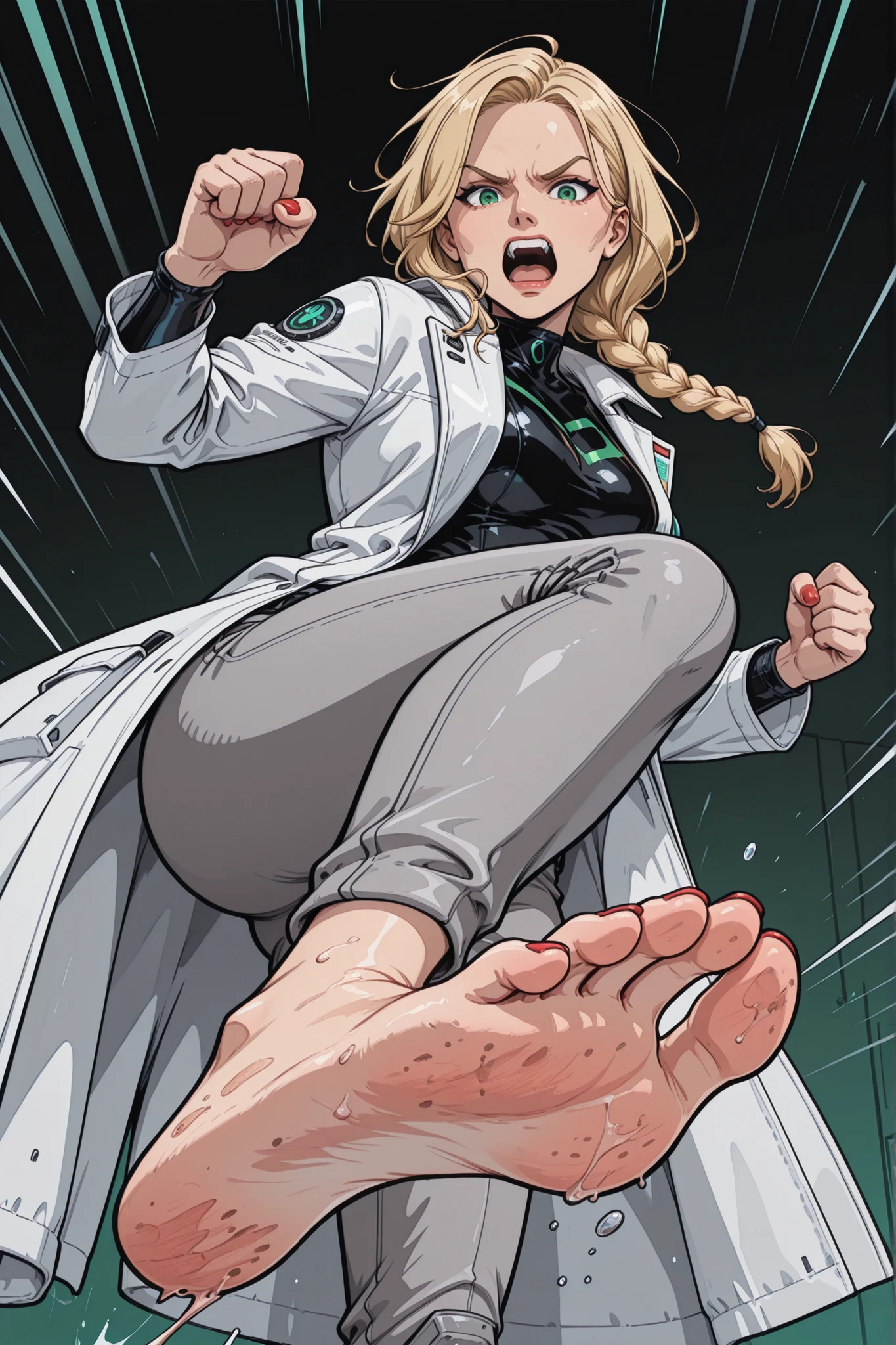 foot_focus, 1girl, blonde, single_braid, green_eyes, shouting, white_coat_lab, grey_sports_pants, barefoot, red_nails, soles, toes, dirty_feet, kicking, looking_at_viewer, indoor, drugstore