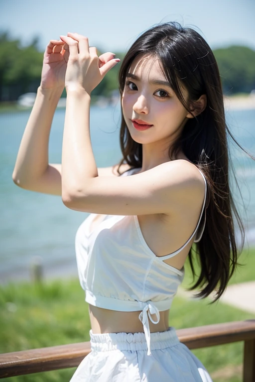 日本people、1people、The most beautiful woman、smile、Shyness、clear、Shiny black hair、Photo Style、length, bangs、light makeup、Standard face、(((Wearing a white Etchu loincloth)))、((Light clothing:0.5))、(She is hiding her breasts by wrapping a cloth around her chest.)、Summer festival、(((Showing off your loincloth))), 32k, Raw photo、Highest quality
