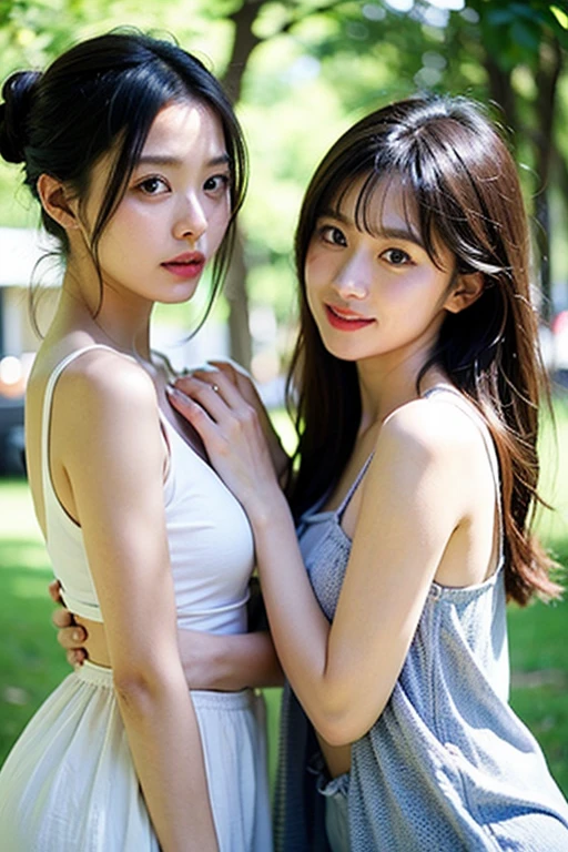 Best-quality, Masterpiece, Ultra-High-Resolution, (Photorealistic:1.4), Raw-Photo, lesbian-couple, (each different face, extremely beautiful face like the most face Japanese actress and extremely cute face like the most famous Japanese idol), both extremely beautiful eyes, both extremely beautiful hair, both extremely beautiful skins, both extremely beautiful lips, both extremely beautiful bodies