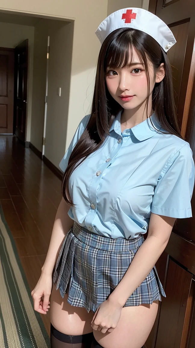 Detailed face、highlight、Asian Girl、thigh、breast enhancement、Black Hair、Heavy bangs、high school girl、skirt、