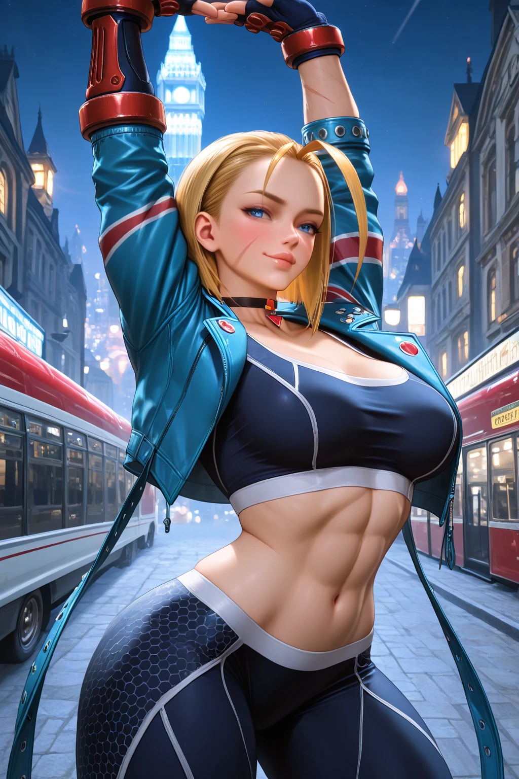 Photo of cammy white, bikini, standing, blue jacket, sexy look, pool, emerging from pool, wet body, dripping water, daytime, sparkle, lens flare, with her long blonde hair, blue eyes, sexy, closeup, looking directly at the viewer.