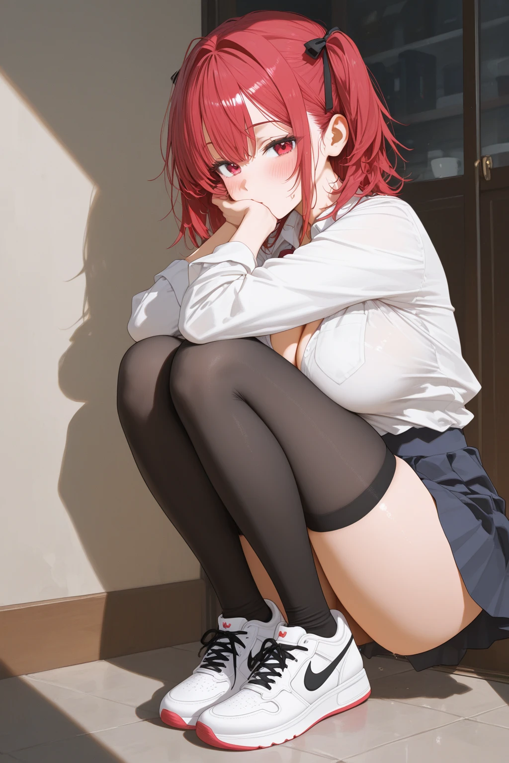 full body, Highlights in the eyes, embarrassed from, standing, skirt lifted, lifted by self, red underwear, drooping eyebrows, closed mouth, city, crowds, blushed, Watery eyes, black knee socks, lifting skirt, lifting skirt with both hands, Looking down angle, showing underwear, from below,