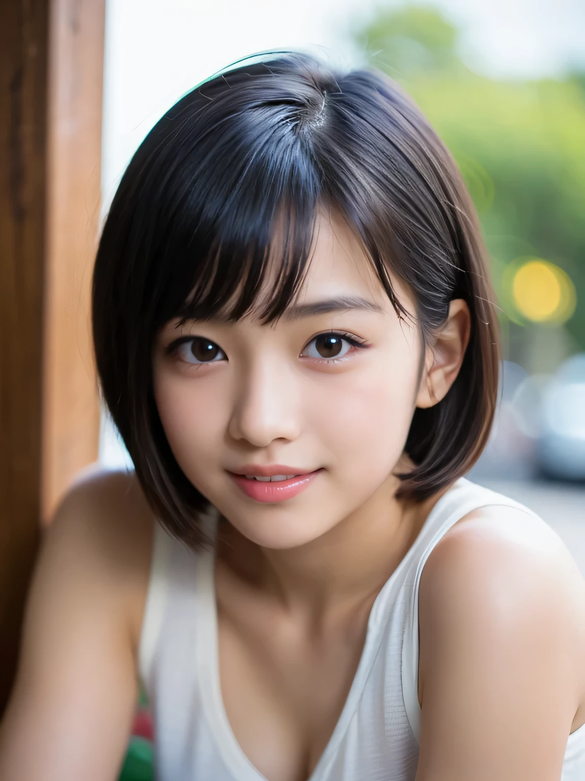 Best-quality, Masterpiece, Ultra-High-Resolution, (Photorealistic:1.4), Raw-Photo, at hotel-room, 1girl, 15-years-old, the most famous Japanese idol, (wearing only white see-through dress, extremely see-through dress), (extremely cute face like the most popular Japanese idol), (extremely beautiful black-short-cut-haired), (((extremely beautiful big-black-eyes))), extremely beautiful skins, extremely beautiful long-eyelashes, extremely beautiful lips, innocent-smile, looking at viewer