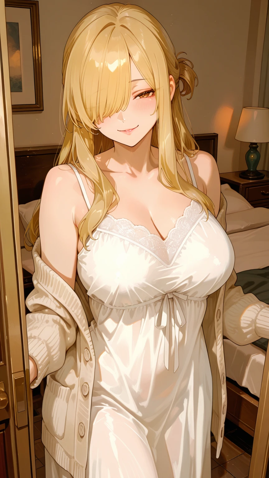 4K, Masterpiece, highres, absurdres, smiling,edgTemptation, a woman in a sexy lingerie sheered robe posing for a picture , wearing edgTemptation, white lingerie, blonde hair, milf, cleavage, large breasts, happy smile