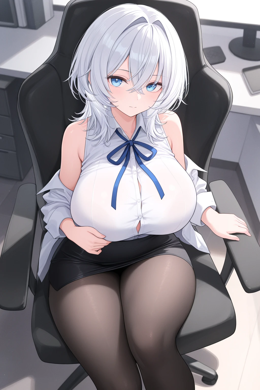beautiful, masterpiece, Highest quality, anime, One girl, C Cup,Portrait Shot, View your viewers, Covered、Medium Hair、nearby、Blue Eyes、art、、White hair,Blue streaked hair、Beauty、officeレディ、Big Breasts、short hair、チェック柄のダークブルーのofficeスーツ)、new employee、Full Body Shot、Female office lady、break(Dark blue checked vest、White dress shirt、Navy mini tight pencil skirt:1.2)、(Black knee-highs、Absolute area、High heels)、break(office:1.3)、Cleavage、The skirt is torn、Standing posture、office、brown_tights、Sit cross-legged in a chair