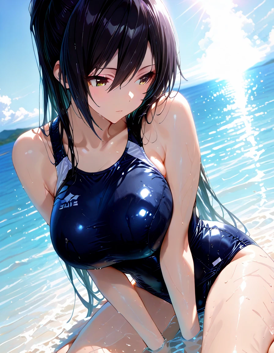 Beauty(A navy blue school swimsuit that is so shiny it reflects light.)、high school girl、Blue Hair、Obscene pose、She's a pervert、blush、Breast size of F cup、Big Butt、Heavy sweat all over the body、Love juice drips from the pussy、Squirting from pussy、Love juice overflows、Excessive sweating from underarms、A lot of pubic hair growing from the pussy、Pull down the straps of your swimsuit to reveal your nipples、Nipples are visible、I can see the pussy