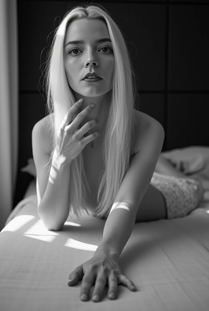 studio nude of blond Elsa from Frozen, lingerie, pale skin, in the style of patrick demarchelier, stark black-and-white photography, panasonic lumix s pro 50mm f/1.4, chromatic intensity, soft-focused realism, nsfw, she is riding the cock of a man