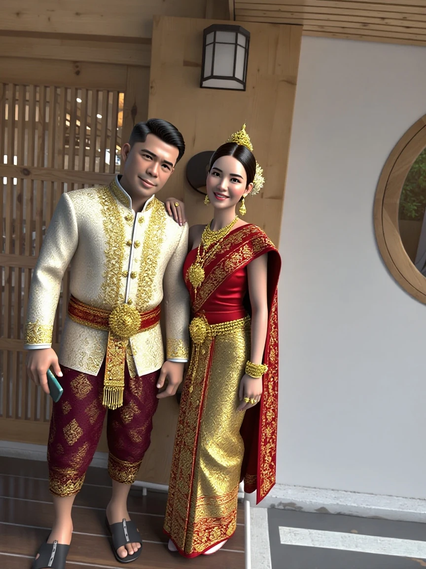 arafed couple in traditional attire posing for a picture, sukhothai costume, in style of thawan duchanee, lovely couple, traditional, couple, traditional clothes, traditional clothing, nivanh chanthara, traditional dress, photoshoot, couple pose, wearing traditional garb, satin, photo taken with nikon d750, backdrop