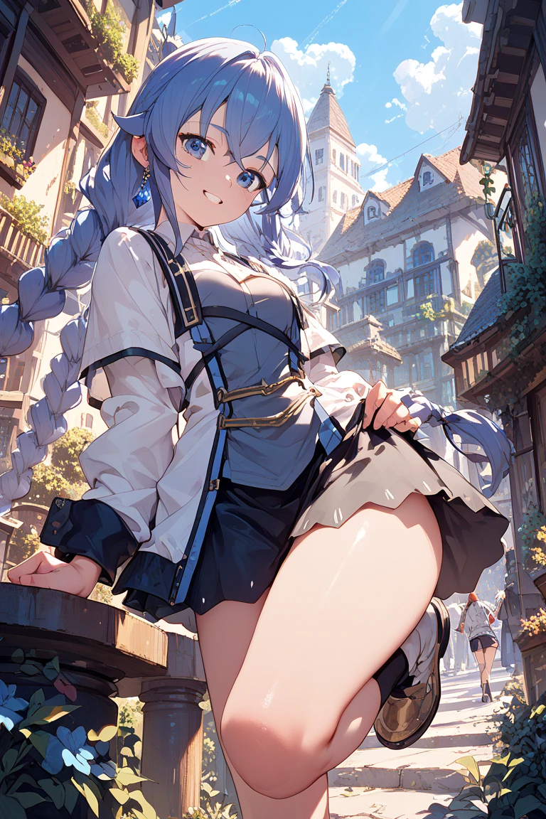 A woman sits on metal stairs to climb a small bridge to cross a street in the middle of a street. Tiene un look agresivo y urbano, His clothes have fluorescent colors and carry strange metallic ornaments.. She's in a somewhat grey, neglected place... ((La mejor calidad))