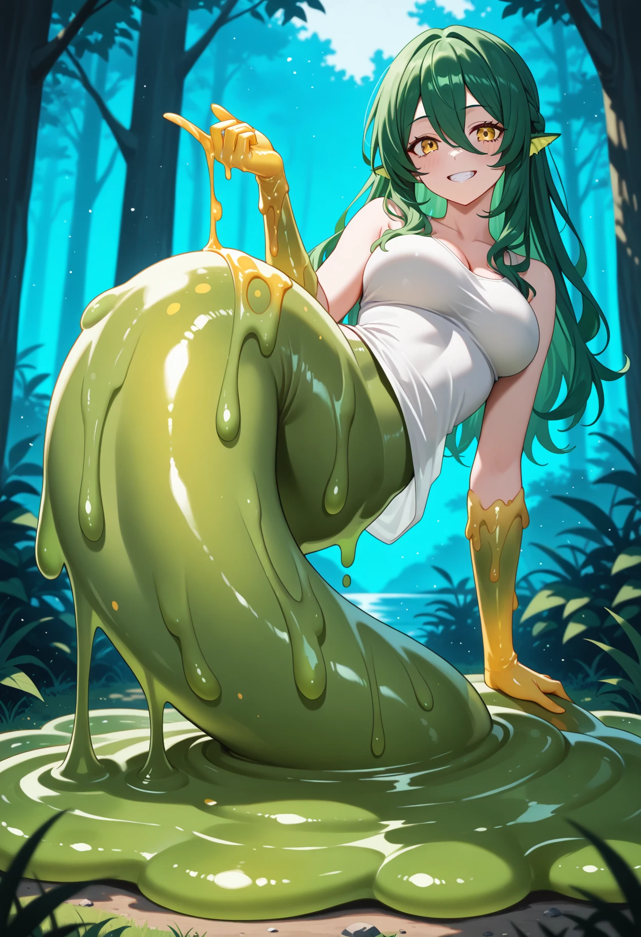 ((Girl with long white hair gets her pussy rubbed by tentacles)),Blush on,((Girl vaginal licking tentacles)),wear bra, wet clothes,long hair,wear leg, perfect body, perfect swimsuit,symbol-shaped pupils, bangs,(sweaty:1.4),in bed, lying on bed,((steam:1.4)),more tentacles ,wet mouth ,back view but