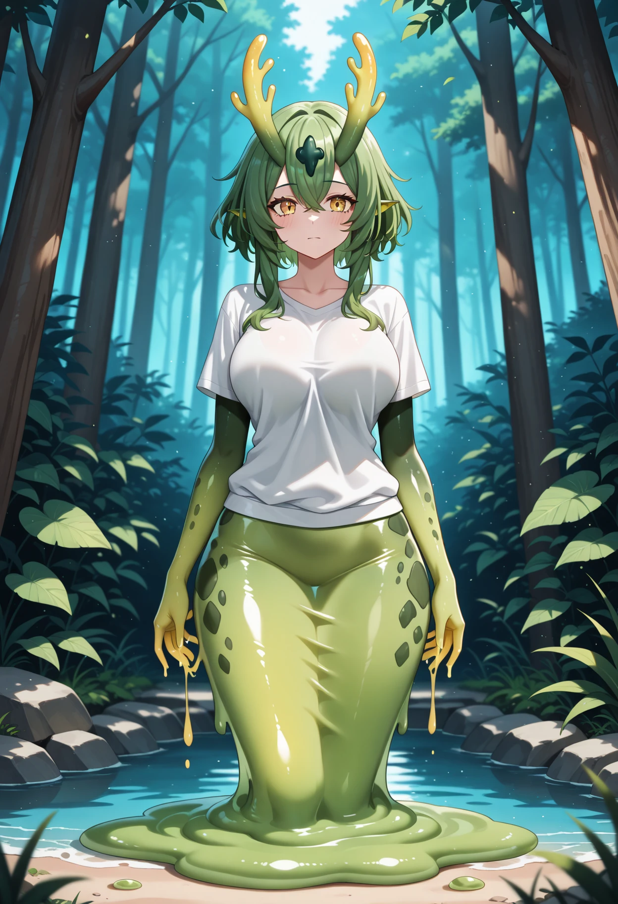 1girl, frog girl, smile, wet, all fours, full body, pond