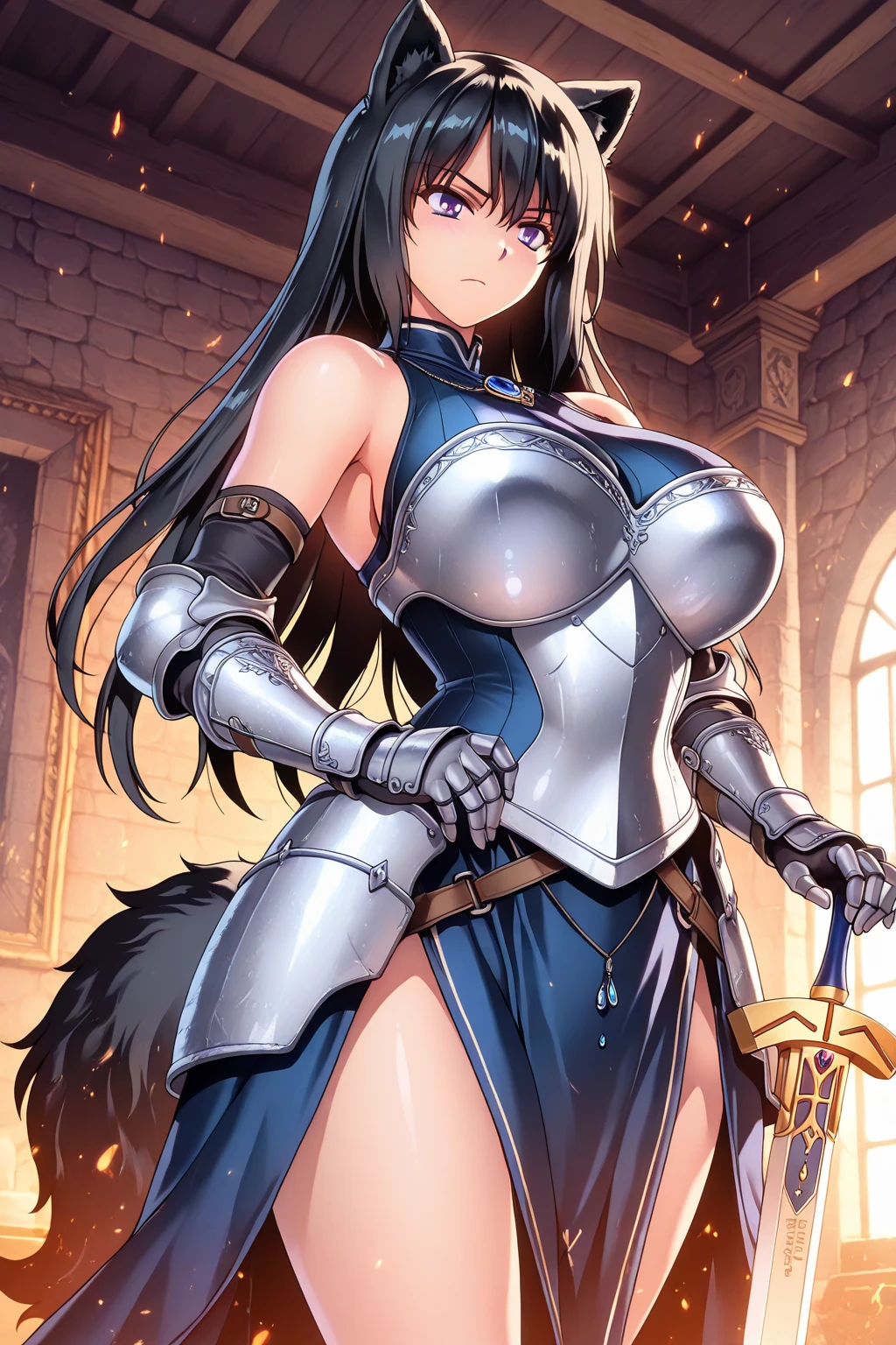 best quality,4k,8k, highres, masterpiece:1.2), ultra-detailed, extremely detailed eyes, extremely detailed body, (large masterpiece digital art), (detailed manga illustration), (detailed line art), ((perfect anatomy)), (intricate details:1.3), (ultra-detailed:1.3), (illustration:1.3), (sharp focus:1.3), (natural lighting:1.05), (vivid colors:1.3), (masterpiece), (best quality:1.4), (perfect anatomy:1.4), high quality, expressive eyes, full body, detailed face, beautiful face, perfect face, 1girl, ((dark skin)), animal ears, black sclera, smile, colored sclera, breasts, solo, monster girl, black hair, (wolf ears), large breasts, curvy, wide hips, long hair, ((gold eyes)), claws, grin, fur, looking at viewer, collar, ((dynamic action pose)), tail, wolf tail, {(dragon horns)}, wings, sadistic smile, hair over eye, {regal outfit}, tiny crown, blue fire, curvy, china dress, dark skin, cinematic lighting, dramatic atmosphere, Beautiful woman, dragon spear in hand, Jeff Bridges, ((cartoon style)), Marvel Cinematic Universe style, (((hell castle in the background))), soft bokeh of hellscape, Atey Ghailan, Jeremy Mann, Greg Manchess, Antonio Moro, trend in ArtStation, trend in CGSociety, Intricate, High Detail, Sharp focus, dramatic and photorealistic painting art by Midjourney and Greg Rutkowski,