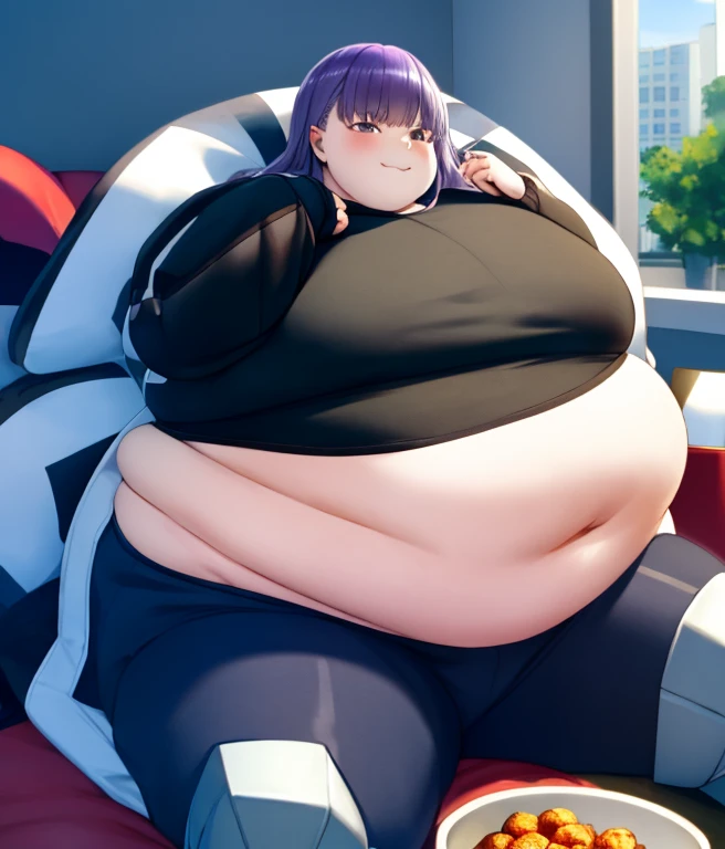 saori joumae, blue eyes, blue hair, halo, long hair, massive breasts, wide hips, outdoors, lake, upper body, torn clothes, massive hips, fat, bare arms, bare shoulders, belt, black headwear, black pants, black shirt, blue gloves, crop top, gloves, leggings, midriff, navel, pants, shirt, sleeveless, sleeveless shirt